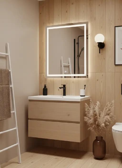 Bathroom furniture: mueble lavamanos flotante con espejo LED