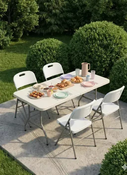 Folding tables: mesa plegable y sillas en exterior